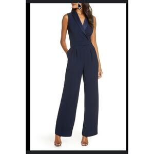 Eliza J Sleeveless Drape Neck Jumpsuit Navy Blue Womens Size 14